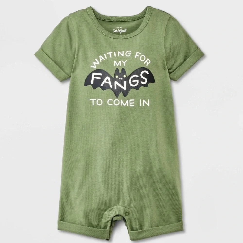 Baby Bat Graphic Romper (WAITING FOR MY FANGS TO COME IN)  - Green / 3-6 MONTHS
